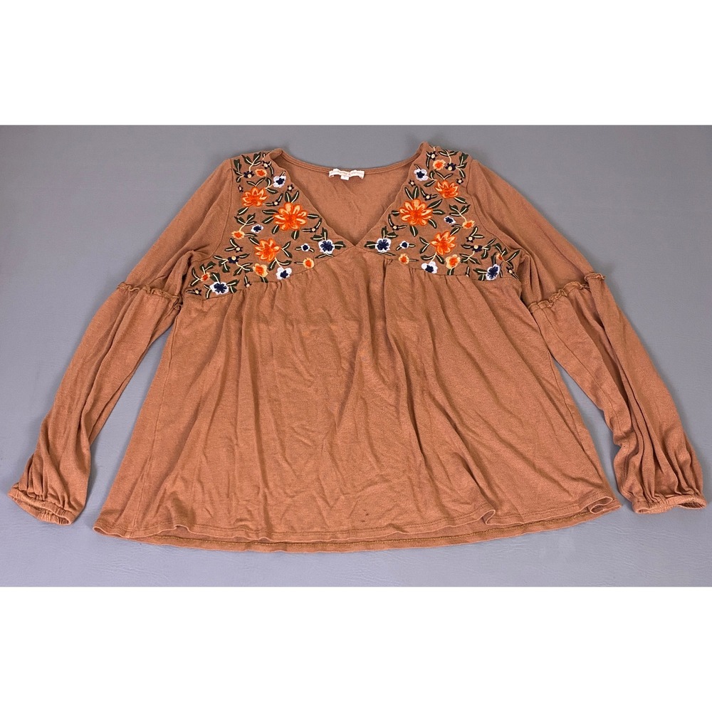 Hailey &‎ Co Babydoll Top Large Women Rust Orange Floral Embroidered V-Neck*